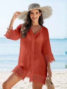 Blusa Tipo Kimono De Encaje Para Mujer Para Boda - Color caoba - Ver 7