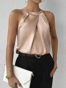 Privé Blusa de satén con cuello halter plisado de color champán, parte superior sin mangas, para uso diario en la oficina, elegante y sencilla, para mujeres, graduación, maestras, vuelta al colegio - Multicolor - Ver 4