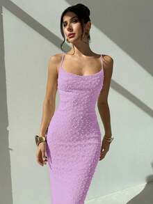 Elegante vestido largo ajustado con escote drapeado de tirantes tipo espagueti, con detalle de pliegues y abertura, de color azul, ideal para citas, bodas, primavera/verano - Morado Violeta - Ver 4