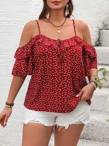 Camiseta romántica con volantes y escote descubierto de corazoncitos para vacaciones, talla grande.Ideal para fiesta casual, picnic o San Valentín. - Rojo - Ver 3