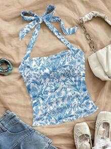 Set de 2 tops de mujer con cuello halter, espalda descubierta y estampado floral fruncido - Multicolor - Ver 4