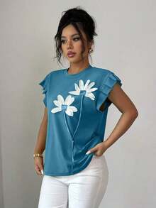 Camiseta de mujer con flores tridimensionales lindas y contrastantes para verano y otoño - Agua verde azul - Ver 5