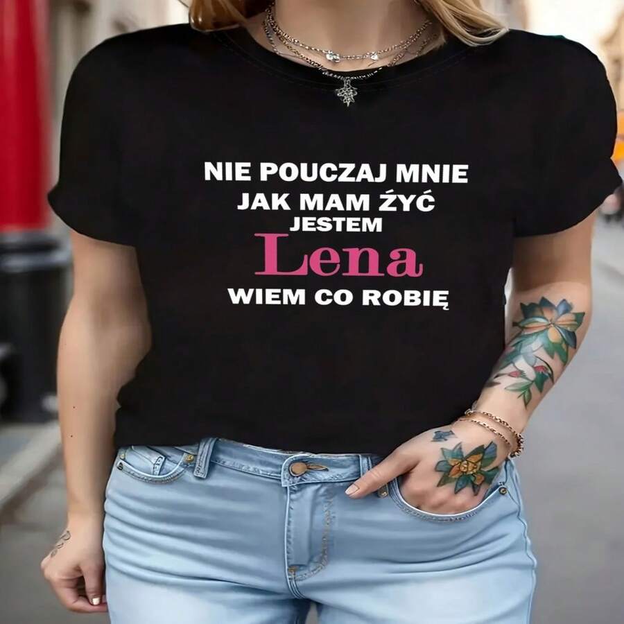 Camiseta de manga corta con cuello redondo y estampado gráfico de algodón elástico para mujer, top casual elegante de corte regular para el día a día. - Negro - Ver 1