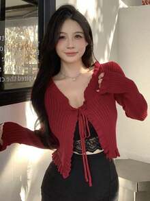 Cárdigan rojo con volantes para el Día de San Valentín de las mujeres, ropa de otoño - Rojo - Ver 3