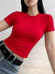 Camiseta de manga corta minimalista de unicolor para mujer, uso casual de todos los días en verano - Rosa Fucsia - Ver 4