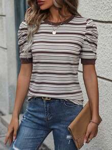 Selamara Camiseta casual de verano para mujer, de unicolor, cuello redondo y manga abullonada - Café integral - Ver 3