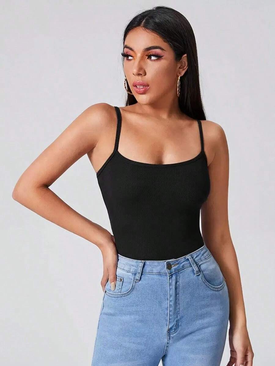 Top de tirantes unicolor tejido de canalé - Negro - Ver 1