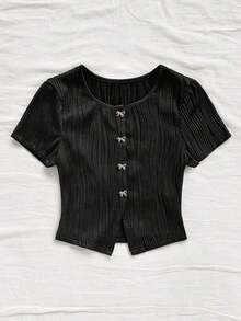 Blusa casual de verano para mujeres, top blanco de manga corta con cuello redondo y estampado floral, para vacaciones de verano - Negro 2 - Ver 6