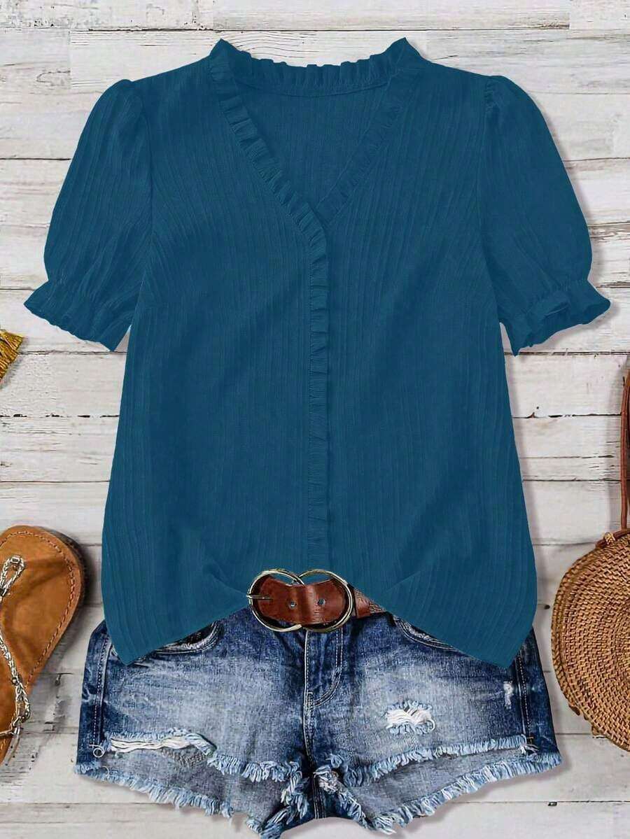 Blusa casual con cuello en V, volantes y mangas de pétalos acanalados para tallas grandes - Agua verde azul - Ver 1