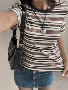 Camiseta de mujer de manga corta, cuello redondo y rayas, informal, para otoño - Café integral - Ver 4
