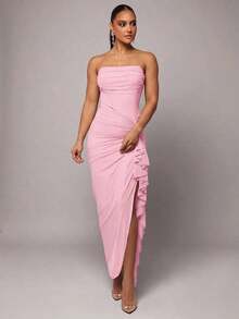 Vestido elegante de primavera y verano temprano con estampado floral verde, cuello fruncido, manga abullonada y abertura alta, también adecuado para el Día de San Valentín, citas, ocasiones románticas;talla grande vestido ajustado de encaje para mujeres, vestido para el Día de San Valentín, vestido de fiesta, vestido para citas románticas, vestido de dama de honor, vestido de noche, vestido para el trabajo, vestido de cumpleaños, vestido de noche elegante para mujeres, vestidos elegantes para mujeres, vestidos para mujeres, vestidos de fiesta para mujeres, vestidos formales para mujeres, vestidos de verano para mujeres - Rosa Pálido - Ver 3