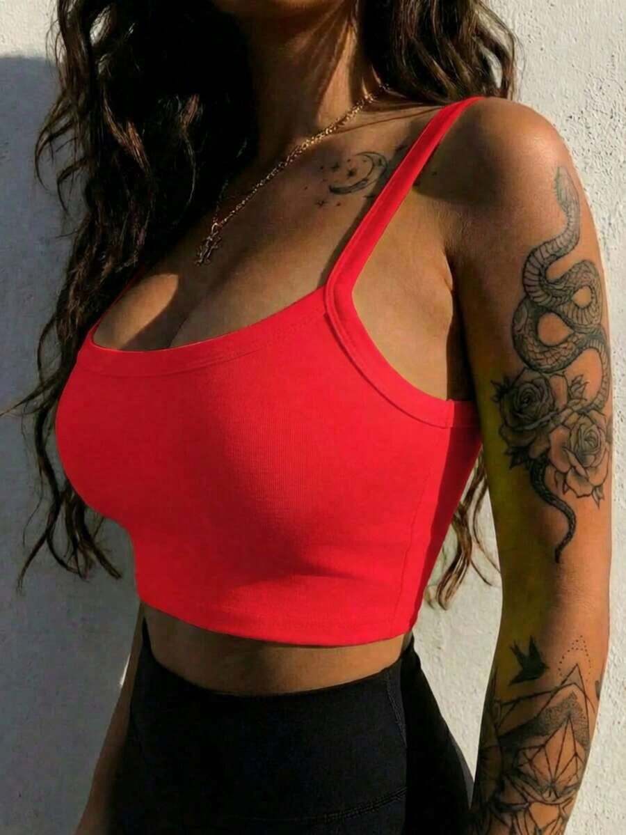 Camiseta corta de tirantes gruesos simple para mujer, adecuada para primavera y verano, estilo casual/streetwear/Y2K, se puede combinar con oficina/hogar/streetwear/discoteca, una opción ideal para blusas casuales de verano en color blanco - Rojo - Ver 1