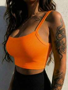 Camiseta corta de tirantes gruesos simple para mujer, adecuada para primavera y verano, estilo casual/streetwear/Y2K, se puede combinar con oficina/hogar/streetwear/discoteca, una opción ideal para blusas casuales de verano en color blanco - Naranja Quemada - Ver 11