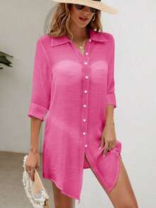 Kimono de verano semitraslúcido con botones hacia arriba para la playa - Rosa Fucsia - Ver 6