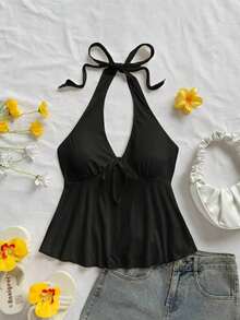 Bata escote en V con lazo y espalda descubierta informal de estilo casual para vacaciones, adecuada para el verano - Negro - Ver 4