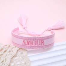1条手工刺绣法式“AMOUR”创意编织复古风格手链，适合情侣佩戴，节日礼物，祝福手环 - 淺粉色 - 查看 4