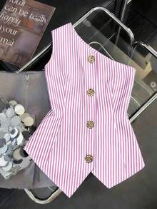 CURVE Una blusa de mujer de verano de gran tamaño, de estilo casual y con rayas tejidas - Rosa - Ver 1