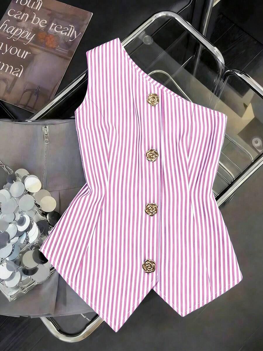CURVE Una blusa de mujer de verano de gran tamaño, de estilo casual y con rayas tejidas - Rosa - Ver 1
