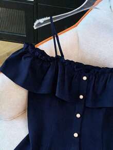 Blusa de hombros descubiertos con botones frontales y volantes de unicolor simple, para verano - Azul marino - Ver 4