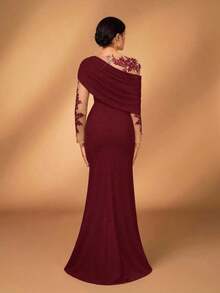 Elegante y romántico vestido de lujo de punto elástico verde oliva con contraste de malla, volante asimétrico en el hombro, ajustado y con bajo de cola de pez, adecuado para fiesta de noche, cita, baile de graduación, boda, luna de miel - Burdeos - Ver 3
