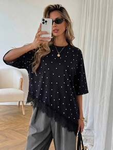 LUNE Camiseta de talla grande con parches de encaje y bajo asimétrico de unicolor - Blanco y Negro - Ver 3