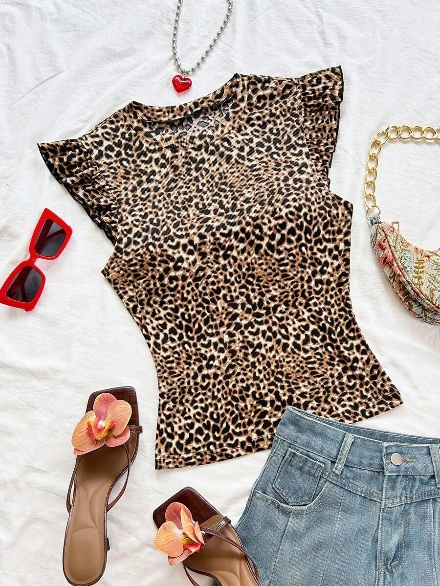 2 piezas Conjunto con Camiseta de Punto Blanco Acanalado con Volantes WYWH y Camiseta Sólida de Color Cereza, Estilo Bohemio, Boho, Floral Romántico, Vacaciones, Estilo Floral para Fiesta, Cita, Día de San Valentín, Pascua, Carnaval, Té de la Tarde - Multicolor 4 - Ver 1