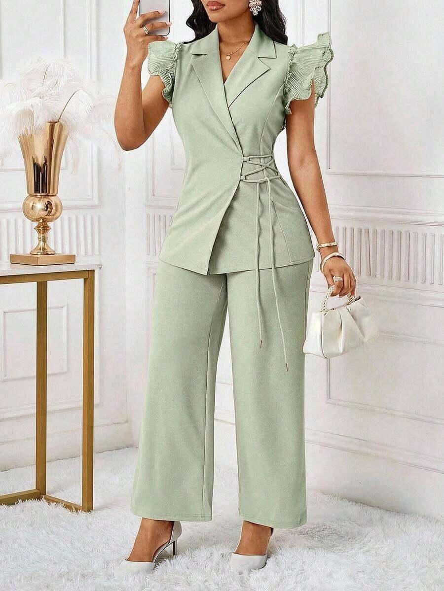 Conjunto de traje de mujer con blazer de manga con volantes rosa y pantalones elásticos de cintura alta para otoño/invierno - verde menta - Ver 1