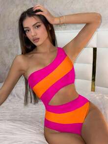 Traje de baño de una pieza con bloque de color y un solo hombro para mujer, ideal para nadar, vacaciones y playa en verano - Multicolor - Ver 7