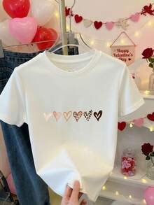 Camiseta de Manga Corta para Mujer en con Estampado de Corazones Multicolor para Ocasiones Casuales y Verano - Negro - Ver 3