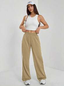 Pantalones casuales con rayas laterales negras, de estilo simple y de moda para uso diario, graduación, maestros y vuelta al colegio para mujeres - Caqui - Ver 5