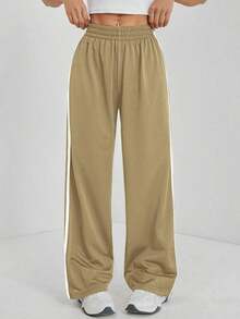 Pantalones casuales con rayas laterales negras, de estilo simple y de moda para uso diario, graduación, maestros y vuelta al colegio para mujeres - Caqui - Ver 6
