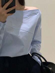 Camisa azul de manga larga con hombro asimétrico de unicolor para mujer, azul claro, primavera/verano/otoño - Celeste - Ver 5