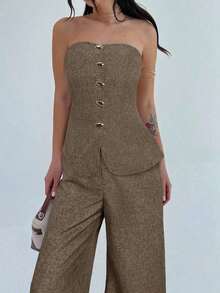 Conjunto de 2 piezas para mujer con top bandeau con botones metálicos elegantes y minimalistas, y pantalones anchos de talle alto en caqui, adecuado para la oficina, el ocio y las vacaciones - Marrón Mocha - Ver 3
