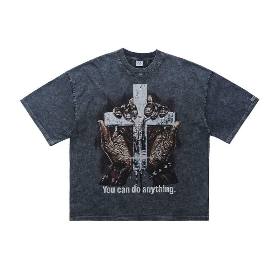 Camiseta de hombre Lawfoo de estilo americano, de algodón puro, lavada a la piedra, holgada, casual, con estampado de nicho, en gris plateado. - Blanco - Ver 1