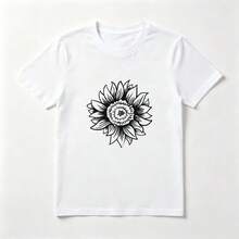 Girasol Simétrico Playera de Algodón 100% Blanca Estilo Lineal - Blanco - Ver 1