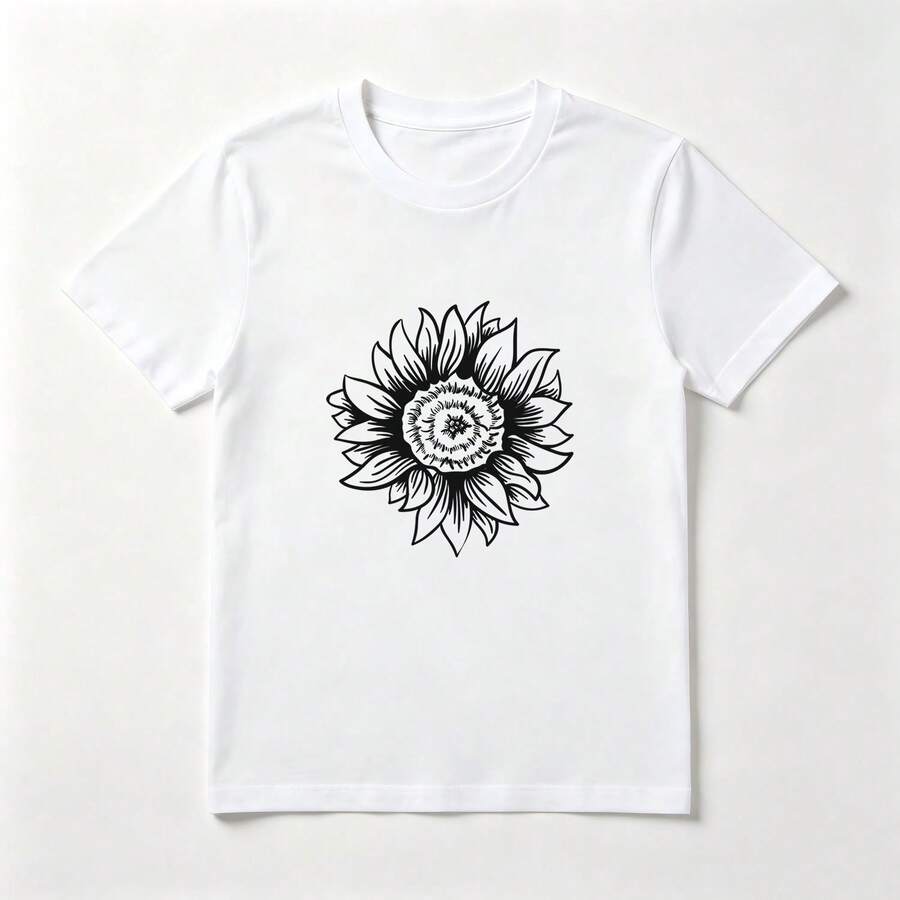 Girasol Simétrico Playera de Algodón 100% Blanca Estilo Lineal - Blanco - Ver 1