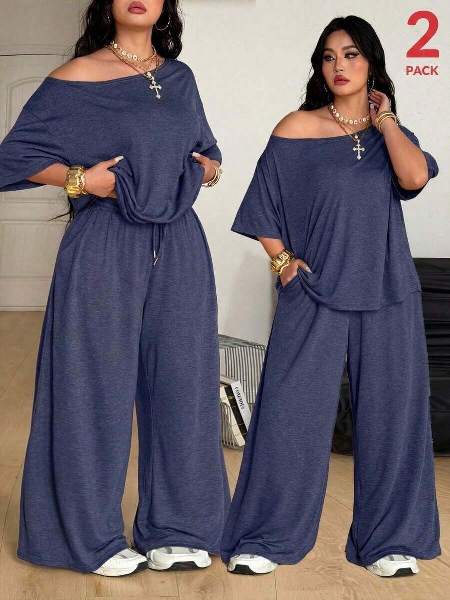 Conjunto de dos piezas de camiseta hombros descubiertos y pantalón ancho de chándal para mujer talla grande, minimalista, ropa de calle, uso diario, salir, deporte, cómodo - Azul - Ver 1