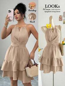 Vestido mini ajustado y acampanado sin mangas, elegante, de color caqui, con lazo de cuentas para mujer, para primavera/verano - Negro - Ver 9