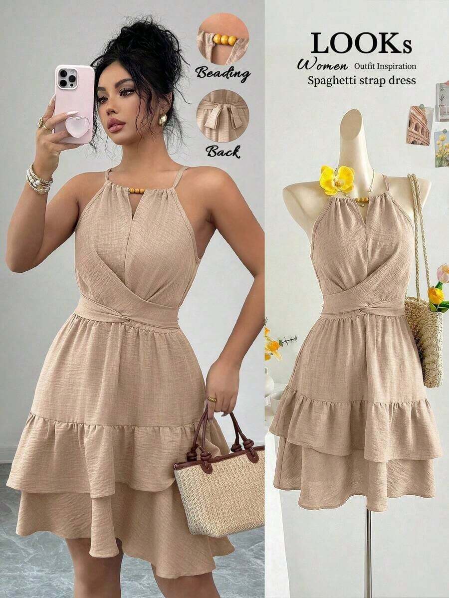 Vestido mini ajustado y acampanado sin mangas, elegante, de color caqui, con lazo de cuentas, para primavera/verano de mujer - Albaricoque - Ver 1