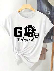 Women's Short Sleeve T-Shirt, 100% Cotton, Personalized, With Football Print - Casual Short Sleeve Crew Neck T-Shirt, Machine Washable And Comfortable For All Seasons, Personalized T-Shirt, Comfortable For Everyday Wear. - 白色 - 查看 7