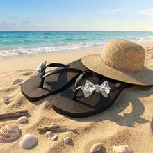 Women's Crystal Rhinestone Bow Thong Sandals, Black Square Toe Non-Slip Flat Design, Soft Bottom Comfortable Slide Slippers For Summer, Suitable For Beach, Wedding, Pool, Daily Commute - Black - View 6