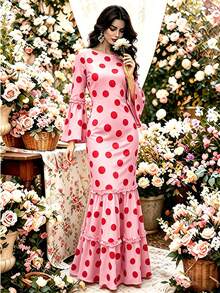 2026 Neues Polka Dot Meerjungfrau Kleid/Vintage elegantes Kleid/Formelles Anlasskleid langes Kleid mit langen Ärmeln/Trompetenärmeln, rundem Ausschnitt, mehrlagigem Rüschensaum, schmaler Passform, Hochzeitsgastkleid, Date-Abendkleid - Pink - Übersicht 10