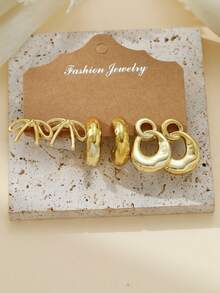 4/6/16 piezas Conjunto de aretes elegantes de moda en dorado, incluye diseños de moño, aro, círculo, corazón, estrella, onda, forma de C, adecuado para uso diario y regalos festivos - Dorado - Ver 2