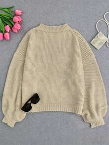 Suéter de punto corto de unicolor sin decoración, cuello redondo, manga abullonada holgada, otoño - Caqui - Ver 7