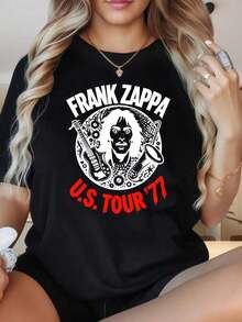 Camisetas gráficas para mujer, camiseta de manga corta con cuello redondo para mujer, camiseta de concierto de la banda Frank Zappa U S Tour 77 para mujer y hombre, camiseta para fans de la música rock, top negro con estampado gráfico. Los estampados divertidos son adecuados para fiestas de Navidad, actividades deportivas, fiestas de vacaciones, salidas, deportes y otros regalos navideños (220g). cotton summer topsplayeras de mujer algodon - Negro - Ver 6