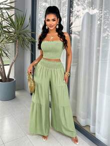 AIJ Bộ đồ nữ thanh lịch gồm áo crop top không dây và quần ống rộng xếp ly, trang phục thường ngày không co giãn cho mùa hè. - Đậu xanh - Xem 1