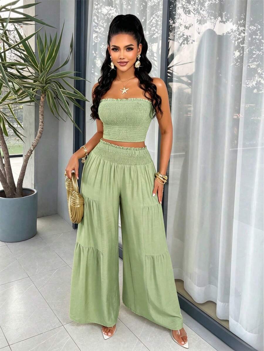 AIJ Bộ đồ nữ thanh lịch gồm áo crop top không dây và quần ống rộng xếp ly, trang phục thường ngày không co giãn cho mùa hè. - Đậu xanh - Xem 1