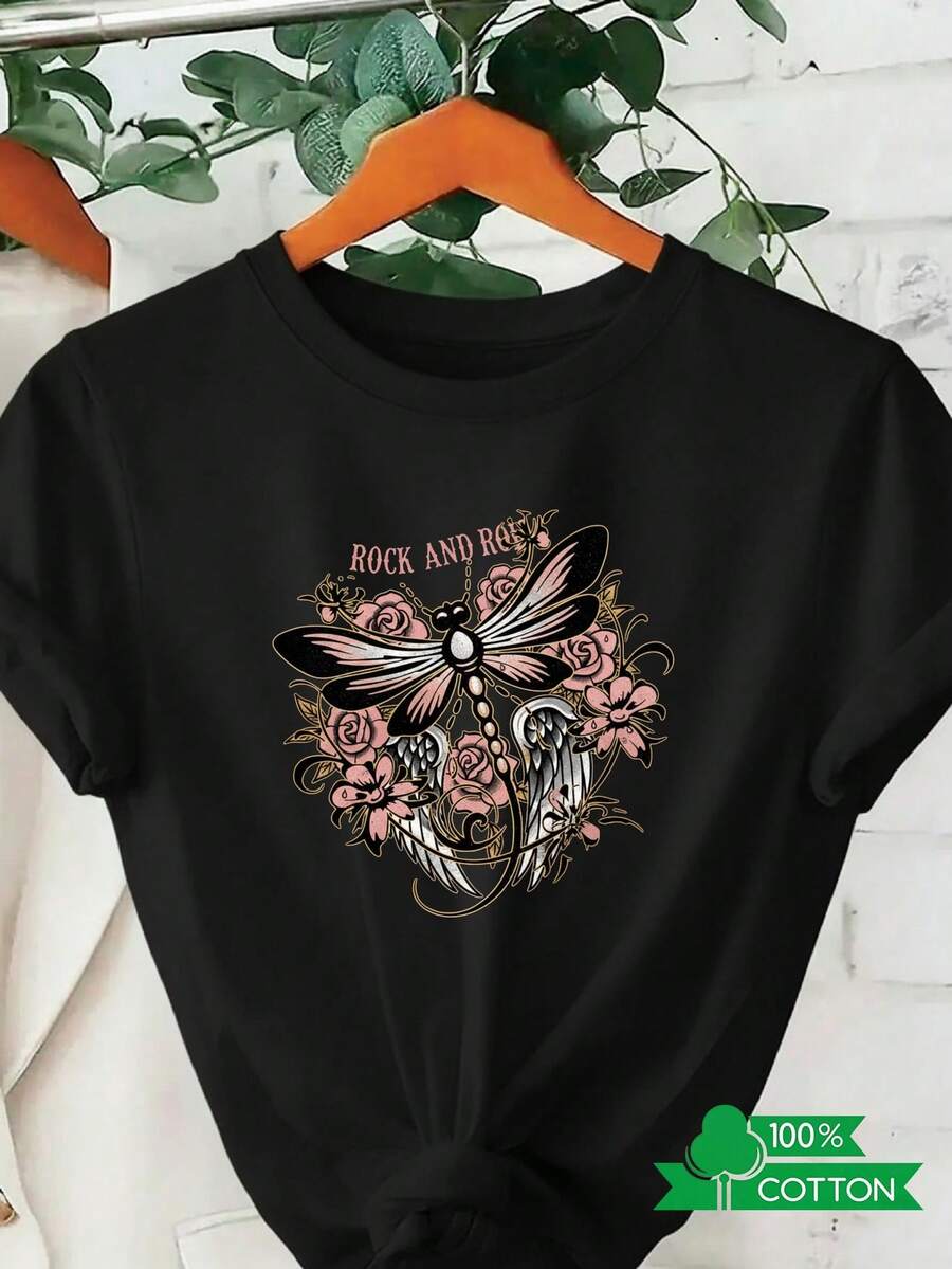 Camiseta de Cuello Redondo para Mujer con Estampado de Letras de Anime, Diseño Sencillo, Cómoda y Transpirable, Adecuada para Uso Diario Casual y Versátil, que Muestra un Estilo Natural y Elegante, Imprescindible para Fiestas de Verano. - Negro - Ver 1