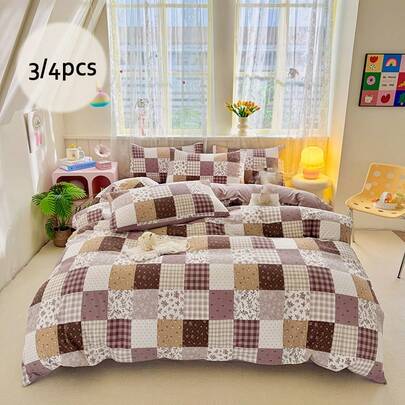 Bộ chăn ga gối 3/4 món kiểu Hàn Quốc, bộ ga trải giường họa tiết hoa và kẻ caro màu be, bộ chăn ga gối thiết kế phối màu tương phản cổ điển, thoải mái, bền, dễ giặt ủi, bao gồm các họa tiết hoa/chấm bi/kẻ caro/nơ, phù hợp cho mọi mùa, bao gồm 1 vỏ chăn (không kèm ruột), 1 ga trải giường, 1/2 vỏ gối (không kèm ruột).
