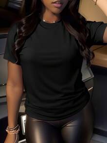 Plus Size Classic Solid Color Crew Neck T-Shirt For Women, Made Of Breathable Fabric - Soft And Breathable, Short Sleeve, Suitable For Casual Wear In Spring And Summer - Basic And Versatile. - 白色 - 查看 8